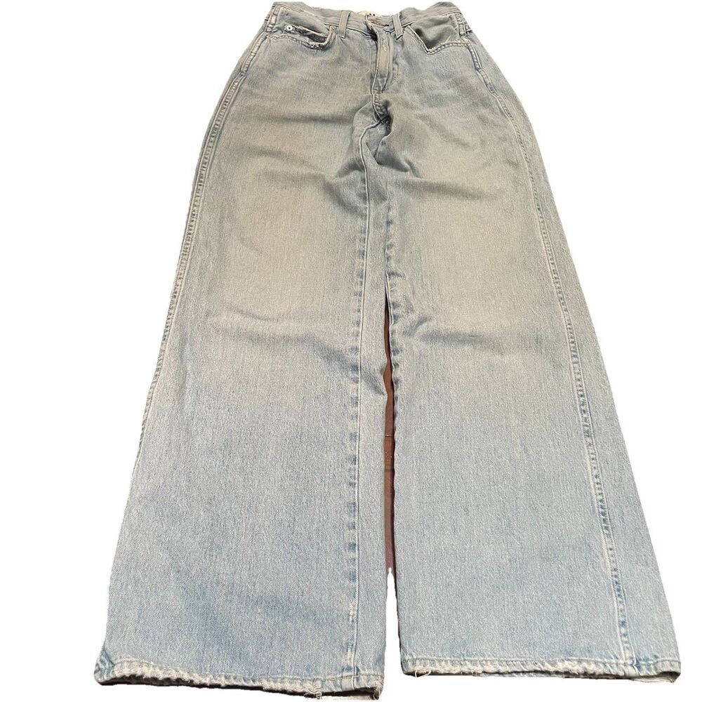 AMO Denim Frida High Rise Wide Leg Jeans 24 Light Wash Raw Hem Slouchy 90s Rigid